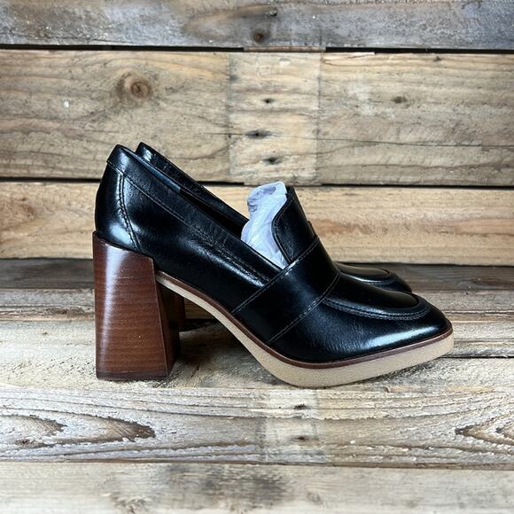 Vince Camuto Black Platform Loafers with Brown Heel - Picture 3 of 8